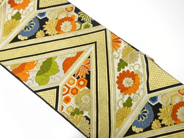 アンティーク　幾何学に菊・桐模様織り出し袋帯（着用可）